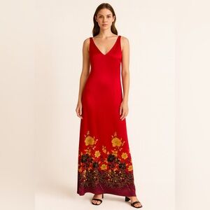 Adrianna Papell Evening Gown Size 10 red satin with black, purple, gold, Beads!